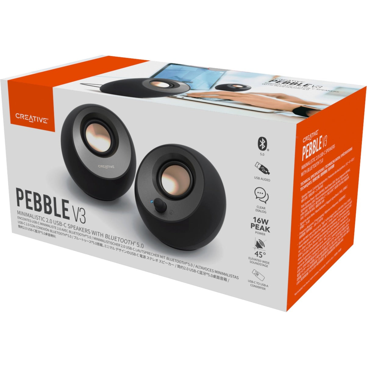 Creative Pebble V3 PC-Lautsprecher (schwarz, Bluetooth, USB-C, Aux)