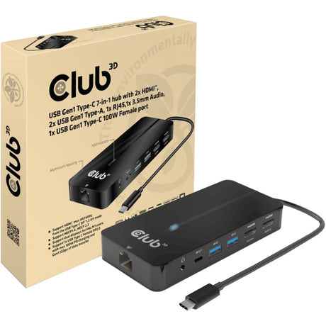 Club 3d usb gen 1 type-c 7-in-1 hub usb-hub (zwart, 2x hdmi, 2x usb-a, 1x rj-45, 1xusb-c gen 1. 100w)