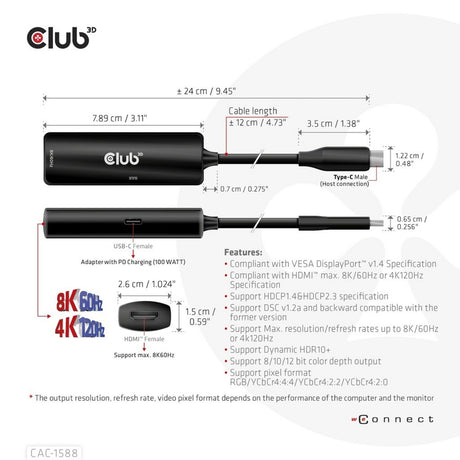 Club 3d usb-c naar hdmi 2.1+ pd 3.0 100 watt adapter (zwart)