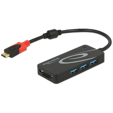 Delock externer USB 3.1 Gen 1 Hub USB Typ-C > 3x USB Typ-A + 2 Slot SD Kartenleser USB Hub (schwarz)