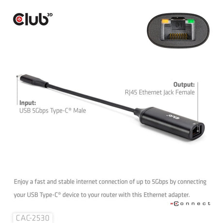 Club 3D USB-C auf RJ45 5 Gbit/s Ethernet M-F Adapter (Schwarz)