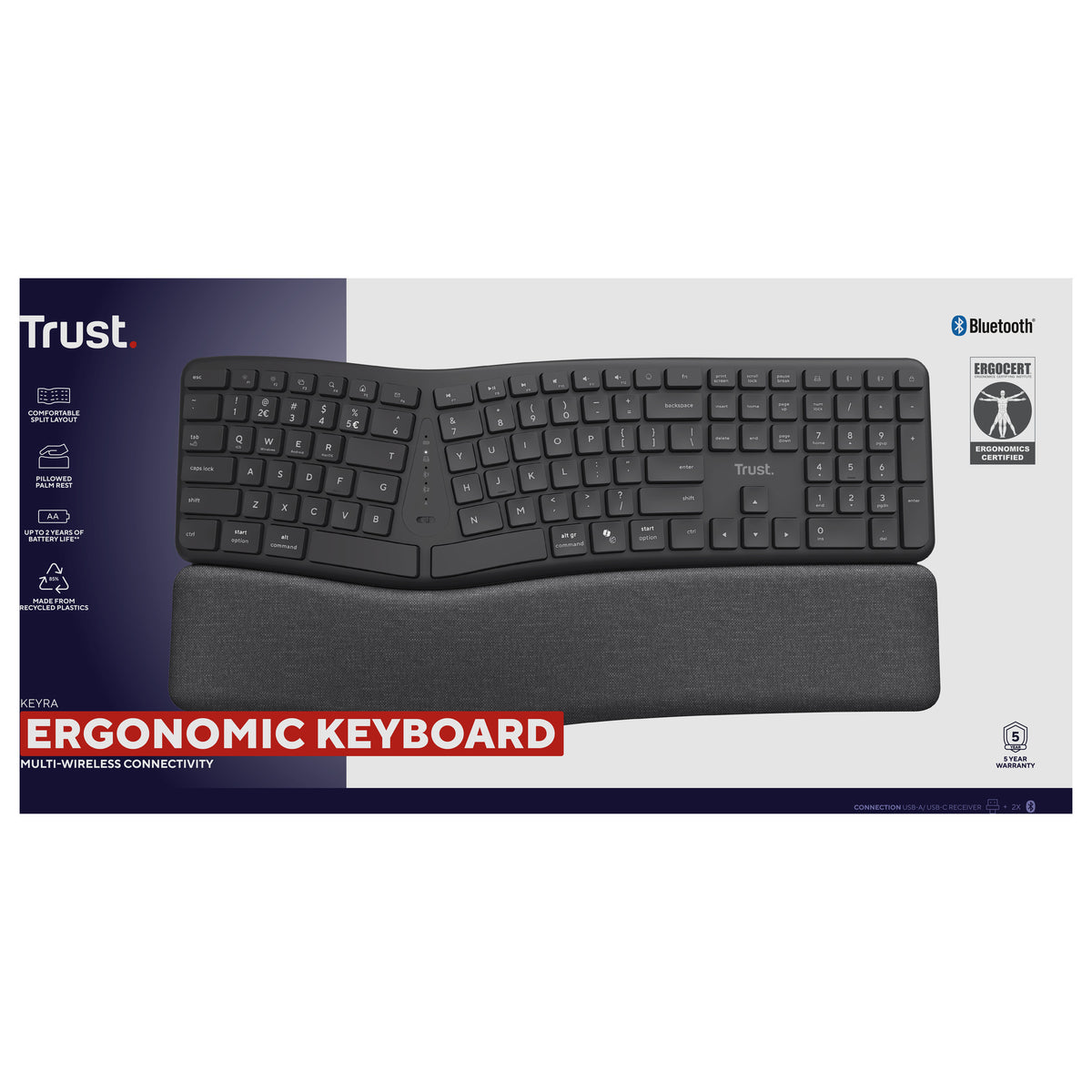 Trust Keyra ergonomische kabellose Tastatur (schwarz, US-Layout (QWERTY), 100 %, 2,4 GHz USB | Bluetooth)