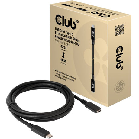Club 3D USB-C Gen 1 Verlängerungskabel (schwarz, 1 Meter, 5 GBP s, 60 Watt)