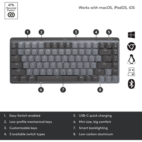 Mechanische Mini-Tastatur Logitech MX (schwarz, US-internationales Layout (QWERTY), GL-taktil, 80 % (TKL), Bluetooth)