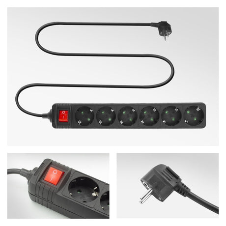 Act-Steckdosenleiste mit Leuchtschalter, 6 Steckdosen, 3 m, schwarz AC2465