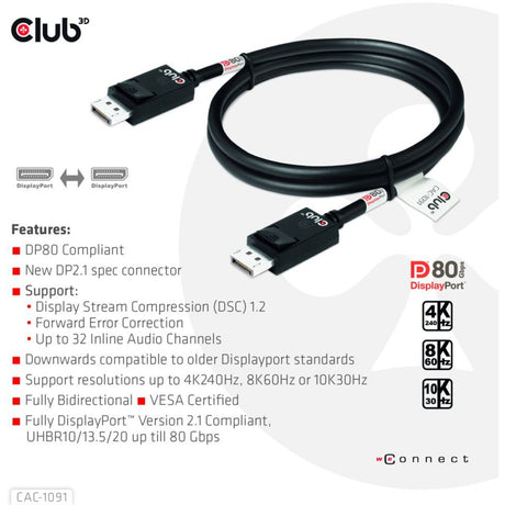 Club 3D DisplayPort 2.1 Vesa DP80 zertifiziertes Kabel Stecker-Stecker (Schwarz, 1,2 Meter, 4K 240 Hz, 8K 60 Hz, 80 Gbit/s)