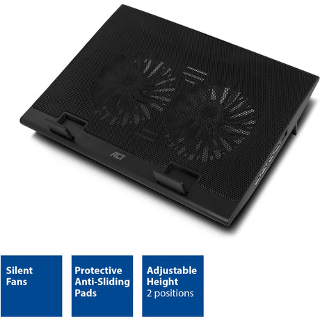 Act Connectivity Laptopständer, mit Lüfter, höhenverstellbar in 2 Positionen (schwarz, 4-Port USB 2.0 Hub)