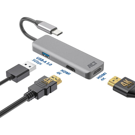 Act Connectivity USB-C 4K-Multiport-Adapter für 2 HDMI-Bildschirme, USB-A-Datenanschluss (Aluminium)
