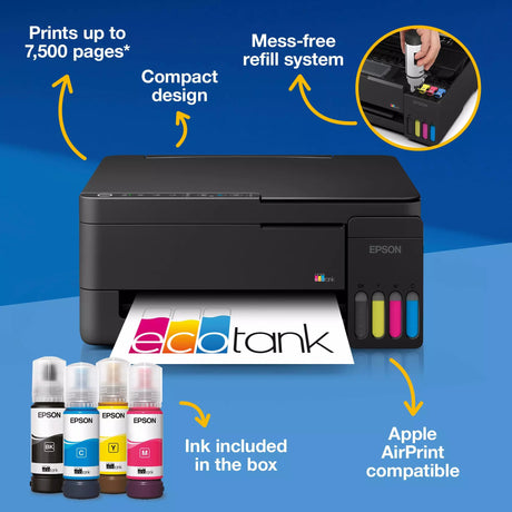 Epson Ecotank et-2912 All-in-One-Tintenstrahldrucker (Schwarz, Scannen, Kopieren, WLAN, inklusive bis zu 3 Jahre Tinte, c11cl62406)