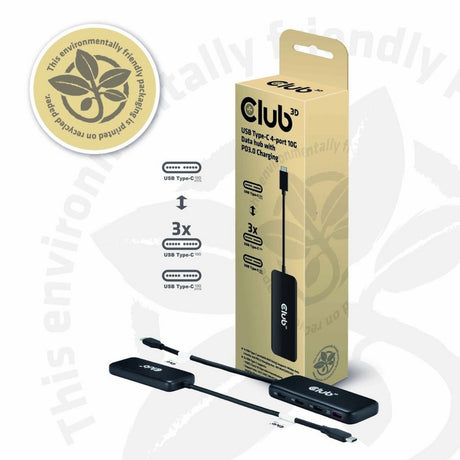 Club 3D USB-C 4-Port 10G Daten-Hub mit PD3.0 USB-Hub (Schwarz)