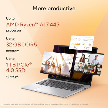 Asus vivobook 14 m1407ga-ly012w 14 copilot+ laptop (zilver | ryzen 7 445 | radeon 840m | 16 gb | 512 gd ssd)