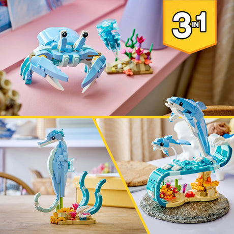 Lego® Creator 3in1 Meerestiere: Wunderschöne Delfine – in ein Seepferdchen oder eine Krabbe umbauen – 31385