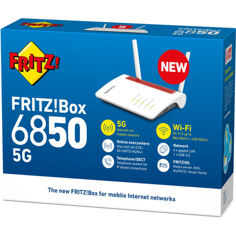 Fritz! Box 6850 5G internationaler WLAN-LTE-Router (weiß rot, Mesh-WLAN, 4G (LTE), 3G (UMTS HSPA+)