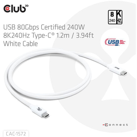 Club 3D USB-C 80 Gbit/s zertifiziertes 240 W 8K 240 Hz Kabel (weiß, 1,2 m)