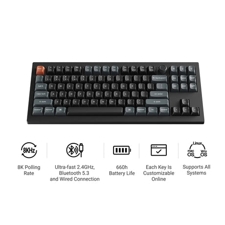 Keychron v3 Ultra 8K kabellose, benutzerdefinierte mechanische Tastatur (Schwarz, US-Layout (QWERTY), Seidenpom-Rot, 80 % (TKL), RGB, Hot-Swap, 2,4 GHz | Bluetooth 5.3 | USB-C)