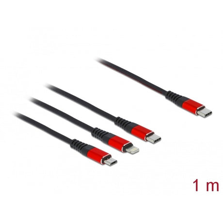 Delock USB-Ladekabel 3-in-1 USB-C auf Lightning + Micro USB + USB-C (schwarz rot, 1 Meter)