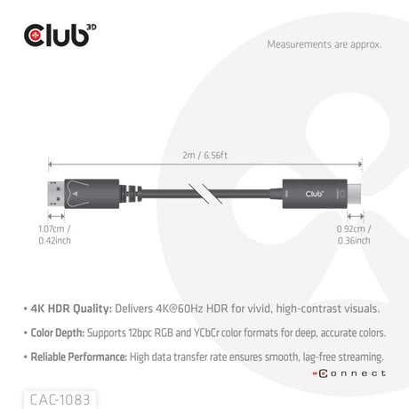 Club 3D DisplayPort 1.4 auf HDMI 4K60Hz Kabeladapter (Schwarz, HDR M M 2m)