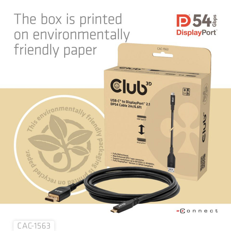 Club 3D USB-C auf DisplayPort 2.1 DP54 Bidirektionales Kabel, 8K120Hz 2m (Schwarz)