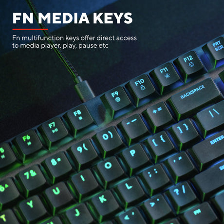 Mechanische Gaming-Tastatur Trust GXT 866 Torix (Schwarz, US-Layout (QWERTY), Huano Red, 100 %, RGB)