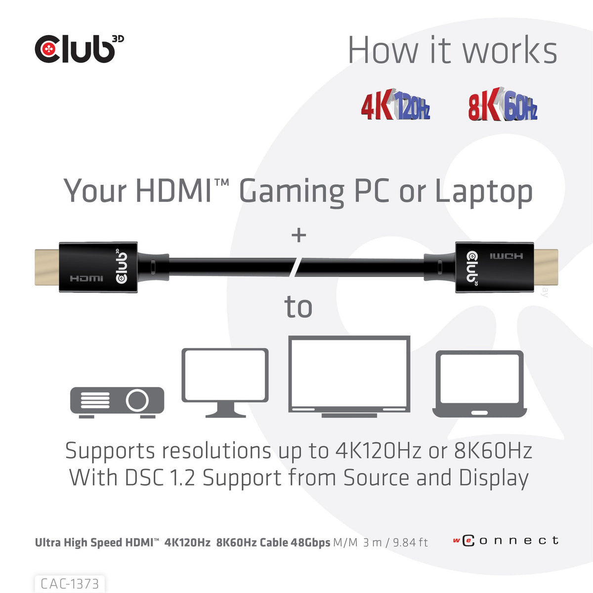 Club 3D Ultra-High-Speed-HDMI-2.1-zertifiziertes Kabel männlich-männlich (schwarz, 3 Meter, 4K 120 Hz, 8K 60 Hz, 48 Gbit/s)