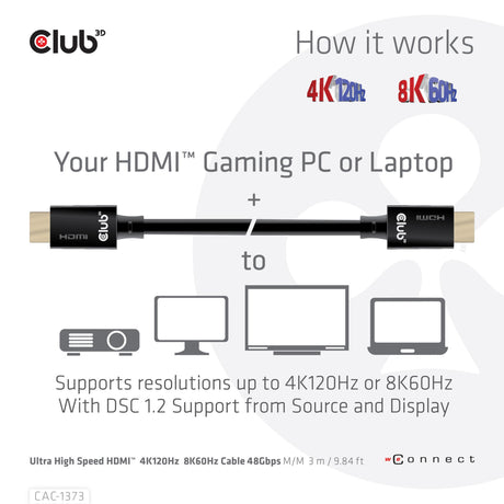 Club 3D Ultra-High-Speed-HDMI-2.1-zertifiziertes Kabel männlich-männlich (schwarz, 3 Meter, 4K 120 Hz, 8K 60 Hz, 48 Gbit/s)