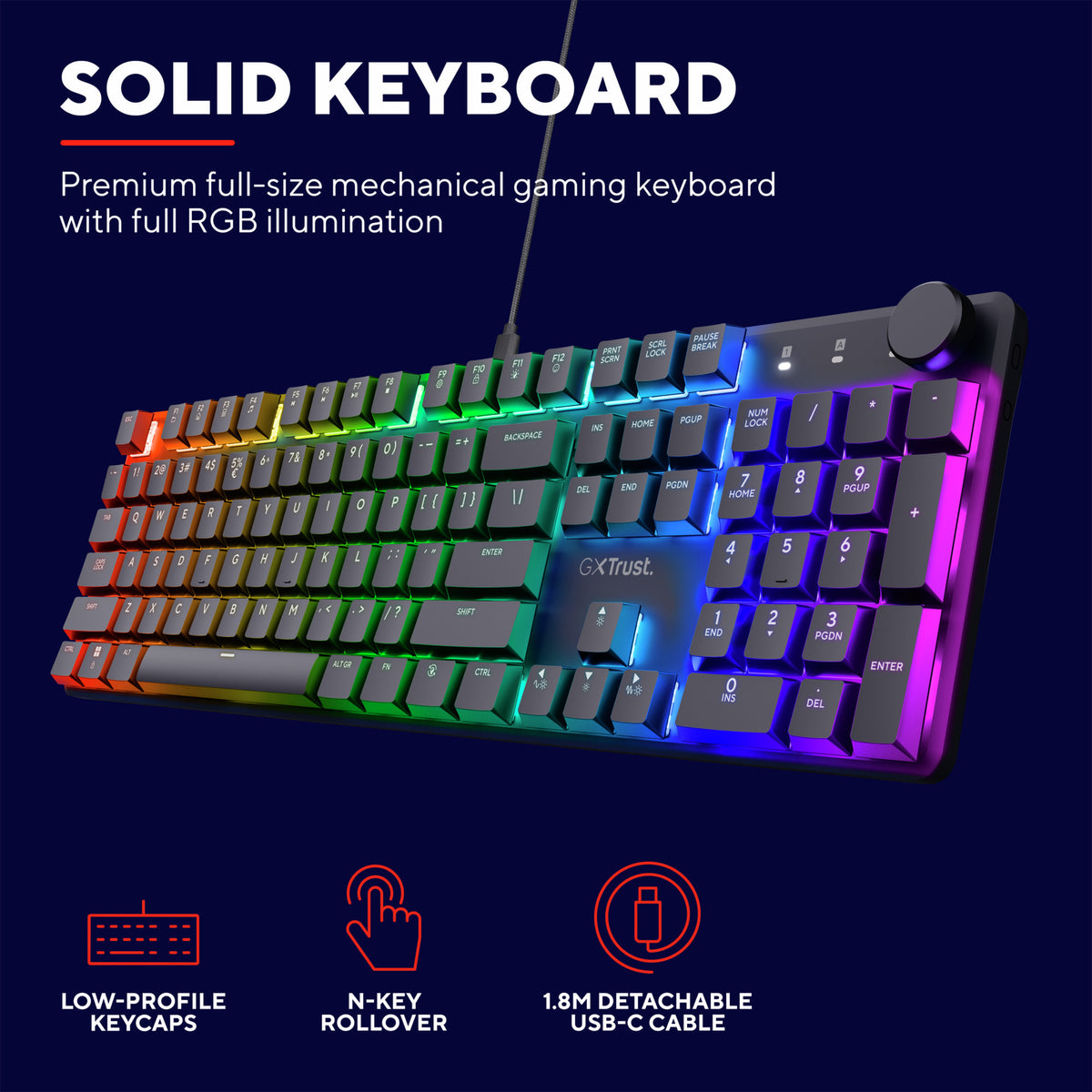 Mechanische Gaming-Tastatur Trust GXT 866 Torix (Schwarz, US-Layout (QWERTY), Huano Red, 100 %, RGB)