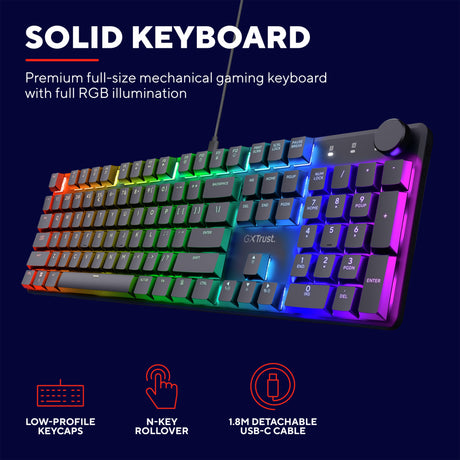 Mechanische Gaming-Tastatur Trust GXT 866 Torix (Schwarz, US-Layout (QWERTY), Huano Red, 100 %, RGB)