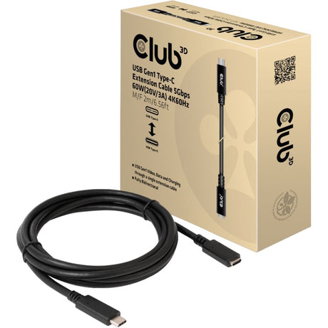 Club 3D USB-C Gen 1 Verlängerungskabel (schwarz, 2 Meter, 5 GBP s, 60 Watt)