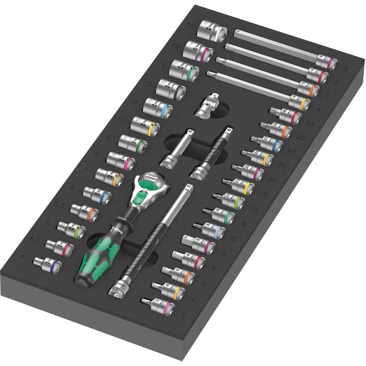 Wera Moosgummi-Einlage 8000 A Zyklop Set 1 Werkzeugset (schwarzgrau, Ratschen- und Steckschlüsselsatz, in Moosgummi-Einlage für Werkstattwagen)