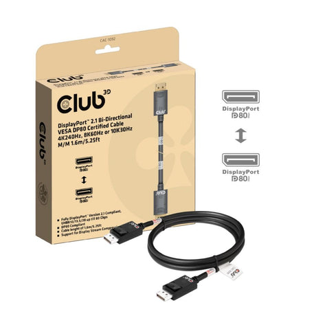 Club 3D DisplayPort 2.1 Vesa DP80 zertifiziertes Kabel Stecker-Stecker (Schwarz, 1,6 Meter, 8K 240Hz, 10K 60Hz, 80Gbit/s)