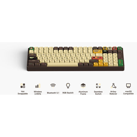 Iqunix F97 Happy Ape kabellose mechanische Tastatur (braun, US-Layout (QWERTZ), Gateron braun, 96 %, RGB-LEDs, Hot-Swap-fähig, PBT, 2,4 GHz | Bluetooth 5.1 | USB-C)