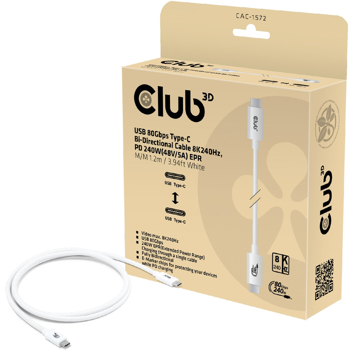 Club 3D USB-C 80 Gbit/s zertifiziertes 240 W 8K 240 Hz Kabel (weiß, 1,2 m)