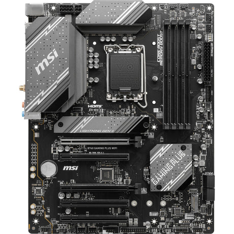 MSI B760 Gaming Plus Wi-Fi Socket 1700 Motherboard (grau schwarz, RAID, 2,5 GB LAN, Wi-Fi 6e, BT, Sound, ATX)