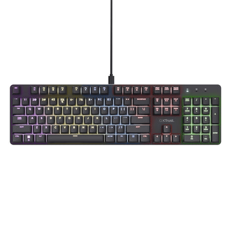 Mechanische Gaming-Tastatur Trust GXT 871 Zora (Schwarz, US-Layout (QWERTY), Huano Red, 100 %, RGB)