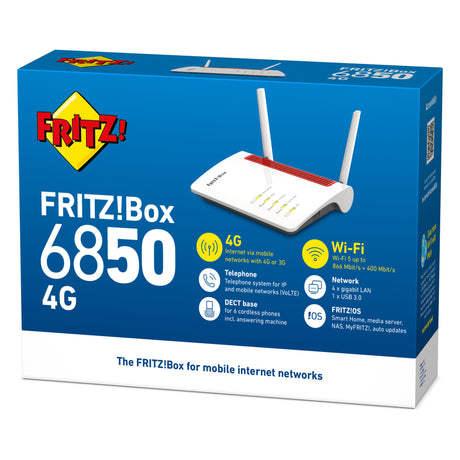Fritz! Box 6850 4G Edition internationaler Router (weiß rot, Mesh-WLAN, 4G 3G)