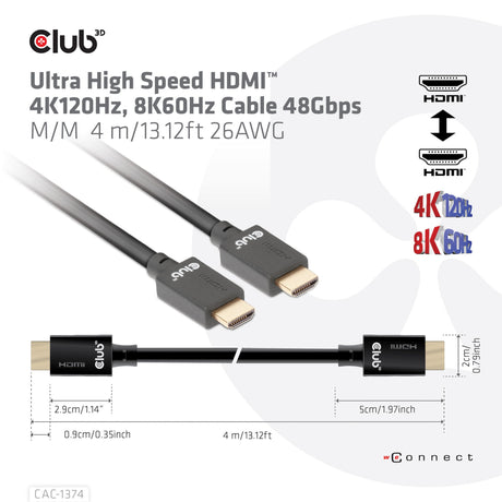 Club 3D Ultra-High-Speed-HDMI-2.1-Stecker-Stecker-Kabel (schwarz, 4 Meter, 4K 120 Hz, 8K 60 Hz, 48 Gbit/s)