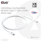 Club 3D USB-C 80 Gbit/s zertifiziertes 240 W 8K 240 Hz Kabel (weiß, 1,2 m)