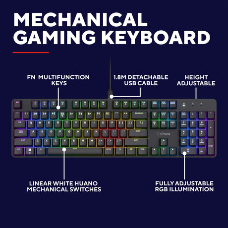 Mechanische Gaming-Tastatur Trust GXT 871 Zora (Schwarz, US-Layout (QWERTY), Huano Red, 100 %, RGB)