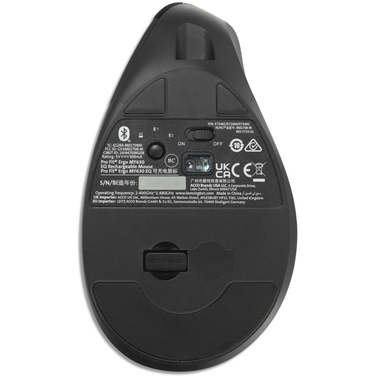 Kensington Pro Fit Ergo My630 EQ wiederaufladbare Maus (schwarz, 1000–2400 dpi, Bluetooth, 2,4 GHz)