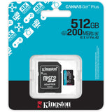 Kingston Leinwand los! plus microSDXC 512 GB Speicherkarte (schwarz, inkl. Adapter, Klasse 10, UHS-I U3, V30, A2)