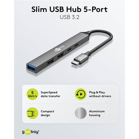 Goobay schlanker USB-Hub mit 5 Ports, USB-C auf USB-C USB-A, 5 Gbit s (hellgrau)