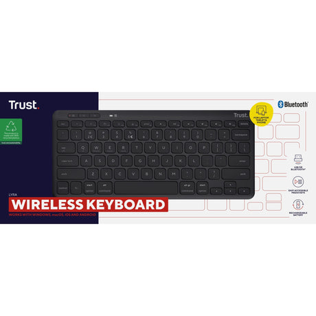 Trust Lyra kompakte kabellose Tastatur (schwarz, US-Layout (QWERTY), Scherenschalter, 65 %, 2,4 GHz USB, Bluetooth)