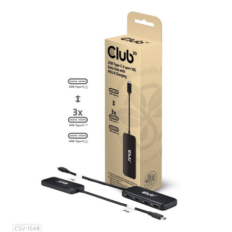 Club 3D USB-C 4-Port 10G Daten-Hub mit PD3.0 USB-Hub (Schwarz)