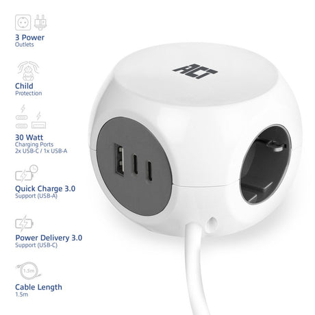 Act-Steckdosenleiste Cube mit 3 Steckdosen (Typ F), 30 W pd