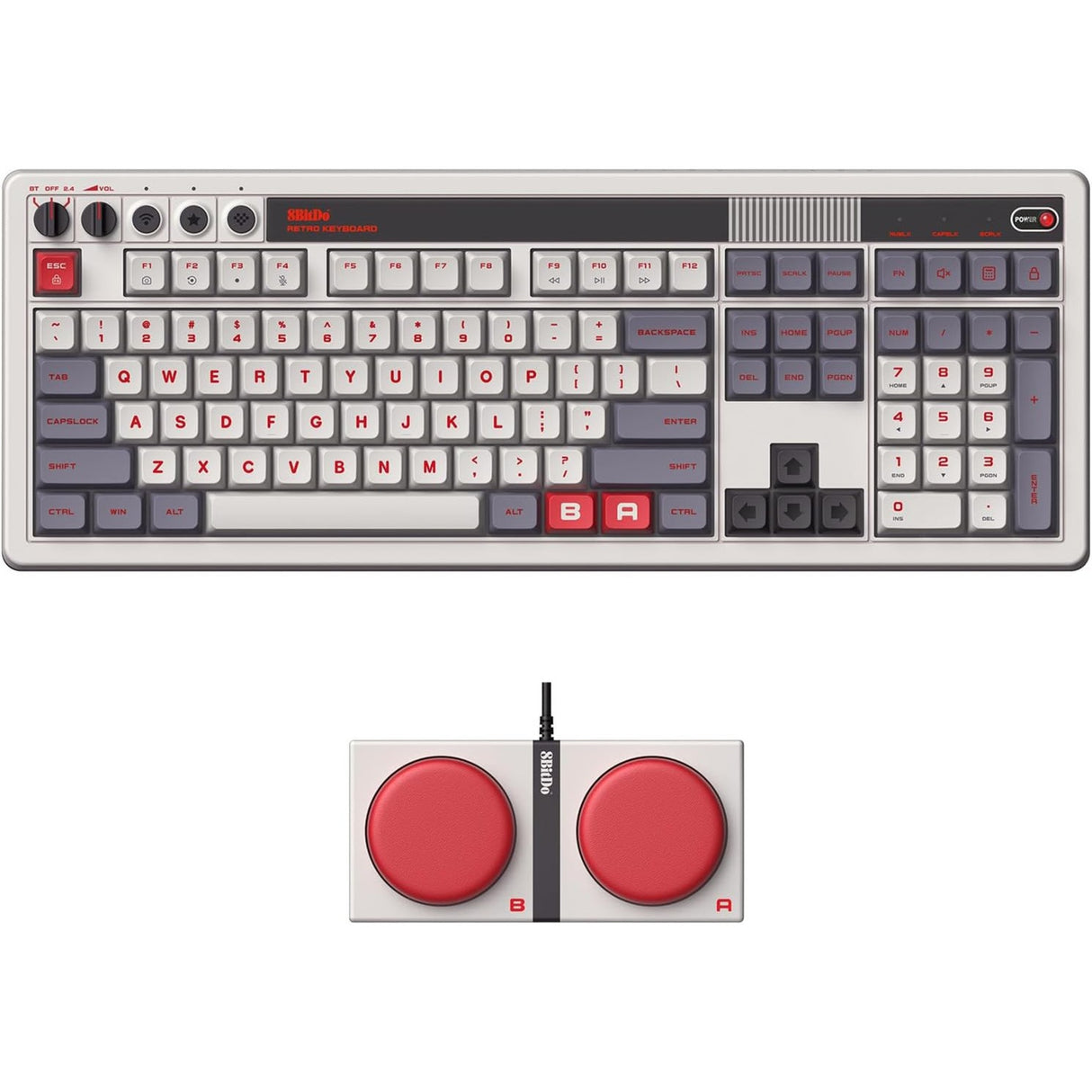 8bitdo Retro mechanische Tastatur N Edition (grau, US-Layout (QWERTY), Kailh Box weiß, 100 %, Bluetooth Low Energy, Wireless 2,4 g, USB)