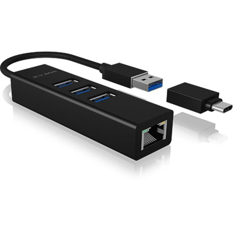 Icy Box ib-hub1419-lan USB-Hub (schwarz, 3x USB-A 3.2 (5 Gbit s), 1x LAN)