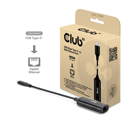 Club 3D USB-C auf RJ45 5 Gbit/s Ethernet M-F Adapter (Schwarz)