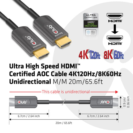 Club 3D Ultra High Speed AOC HDMI 2.1 zertifiziertes unidirektionales Kabel Stecker-Stecker (Schwarz, 20 Meter, 4K 120 Hz, 8K 60 Hz, 48 Gbit/s)