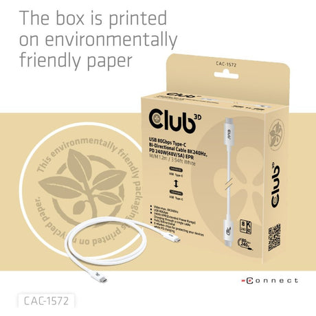 Club 3D USB-C 80 Gbit/s zertifiziertes 240 W 8K 240 Hz Kabel (weiß, 1,2 m)