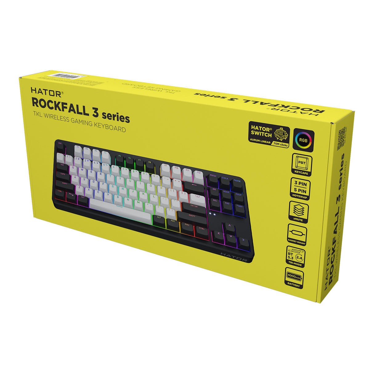 Hator rockfall 3 tkl wireless rgb mechanisch gaming toetsenbord (zwart, us lay-out (qwerty), 80% (tkl), rgb, pbt keycaps, hotswap, 2.4 ghz bluetooth usb-c)
